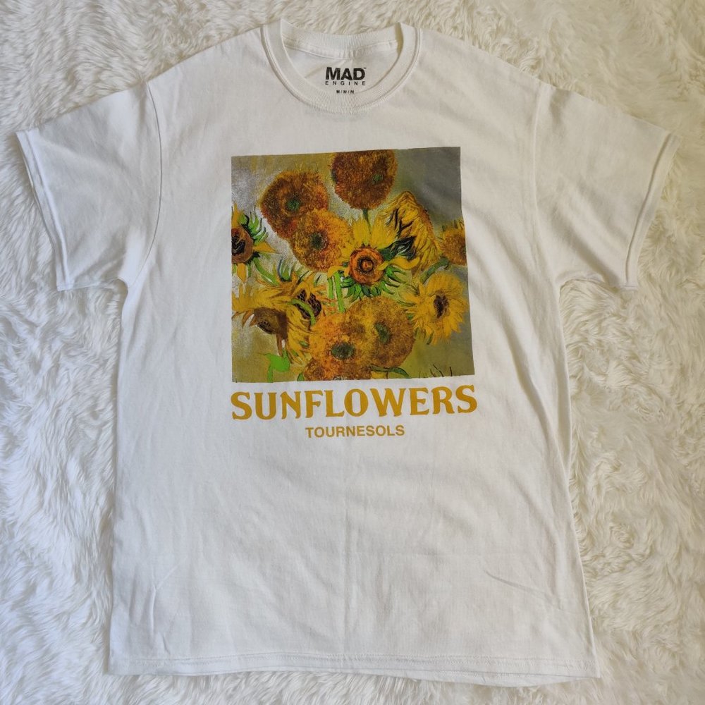 Mad Engine Van Gogh Sunflowers T-Shirt White Cotton Size Medium
